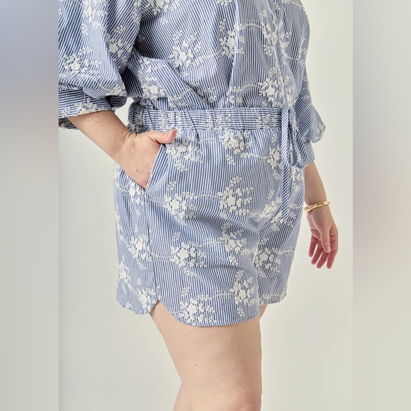 English Factory Pants - English Factory Blue and White Floral Embroidered Shorts